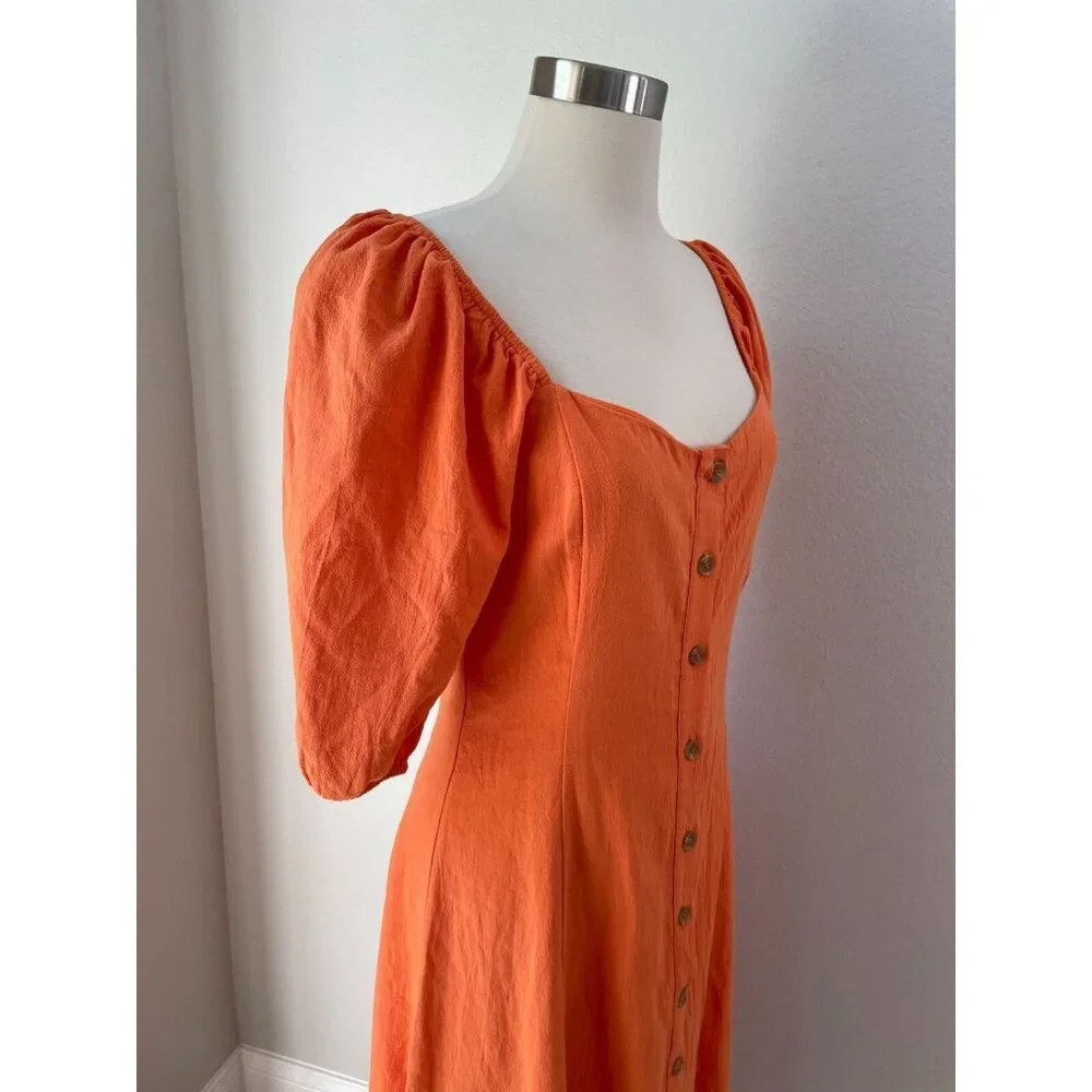 NEW $79 Urban Outfitters Womens Medium Orange Puff Sleeve Button‎ Up Midi Dress